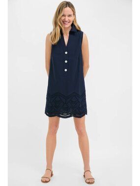 Tuckernuck Eyelet Sleeveless Collier Dress in Navy Blue Small New Shirtdress